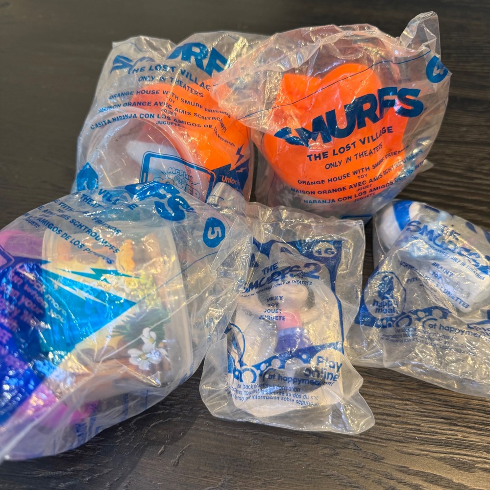 McDonalds Happy Meal Smurf Toy Lot 5pc Sealed Vexy Brainy Lost Village 2013 2017